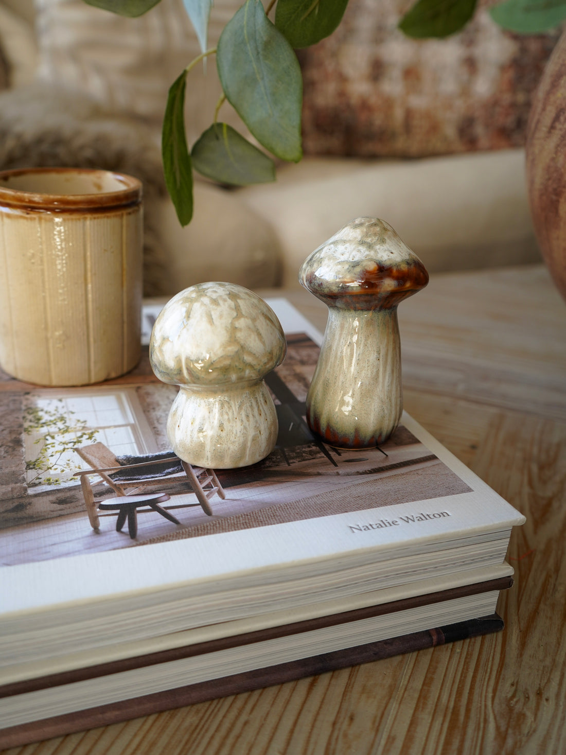 Decorative mushrooms on an open book with a blurred background