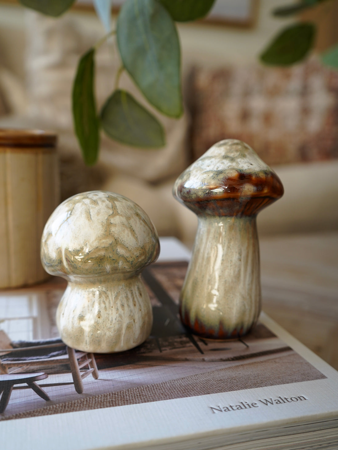 Two ceramic mushroom decorations on a book with a blurred indoor background