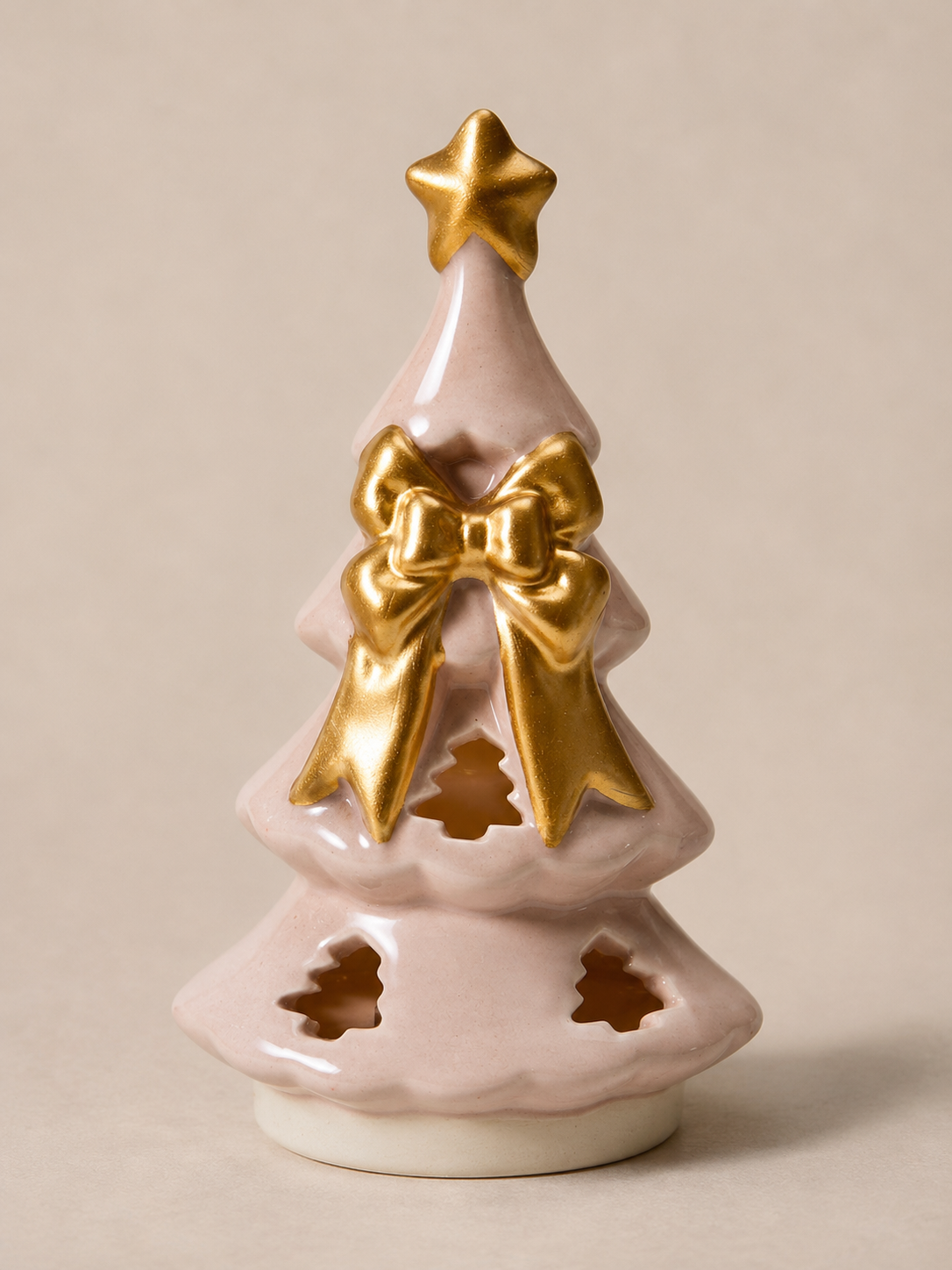 blush pink ceramic christmas tree with gold bow
