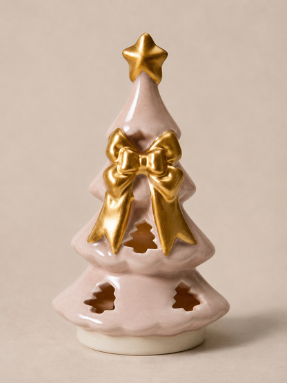 blush pink ceramic christmas tree with gold bow