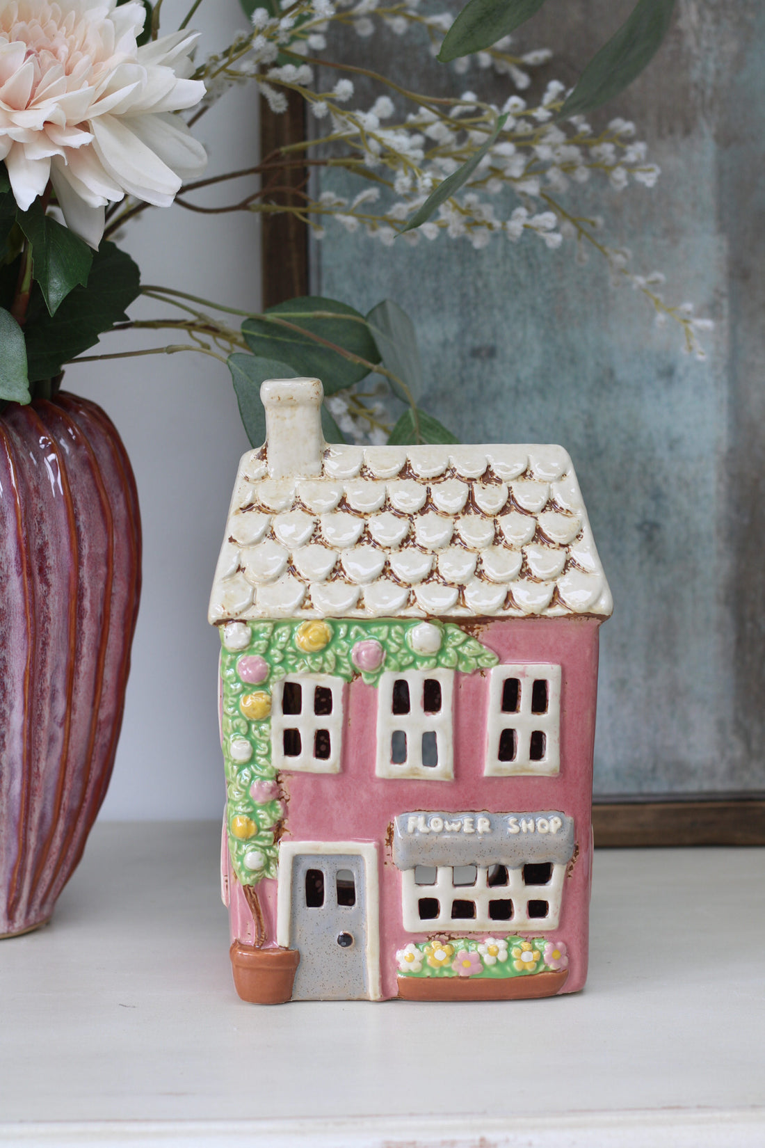 Blush Stoneware Flower Shop House Ornament