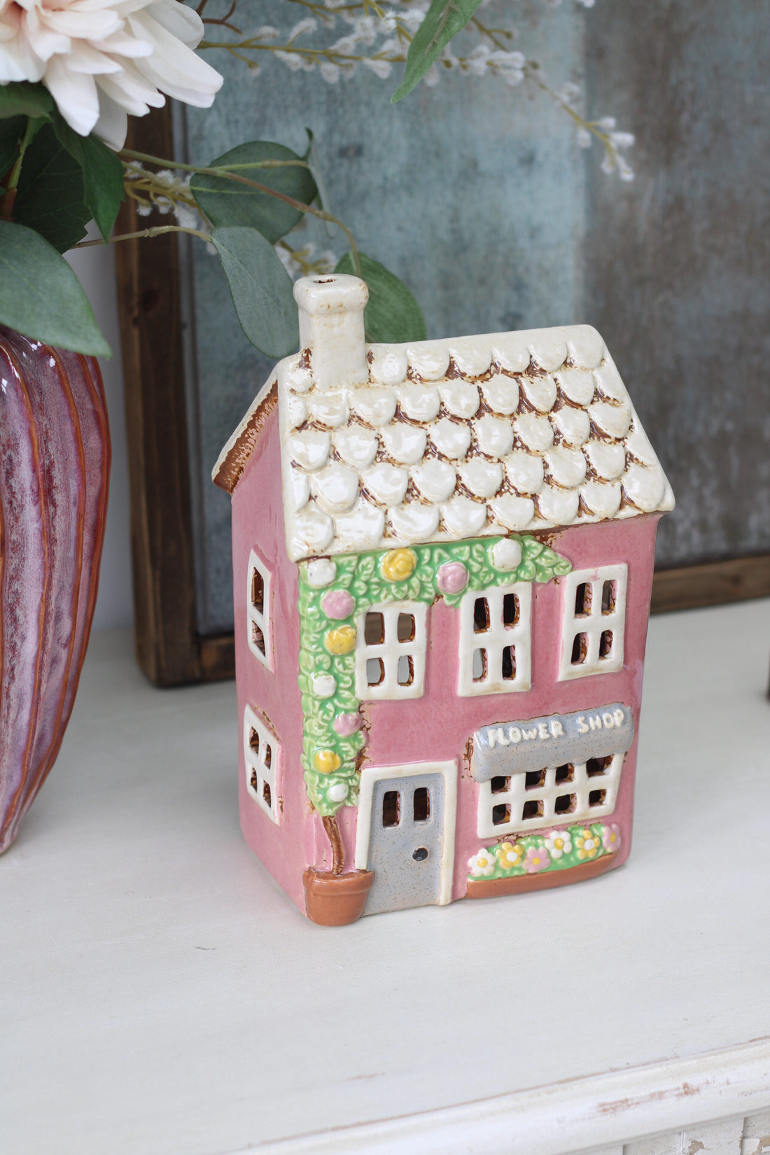 Blush Stoneware Flower Shop House Ornament