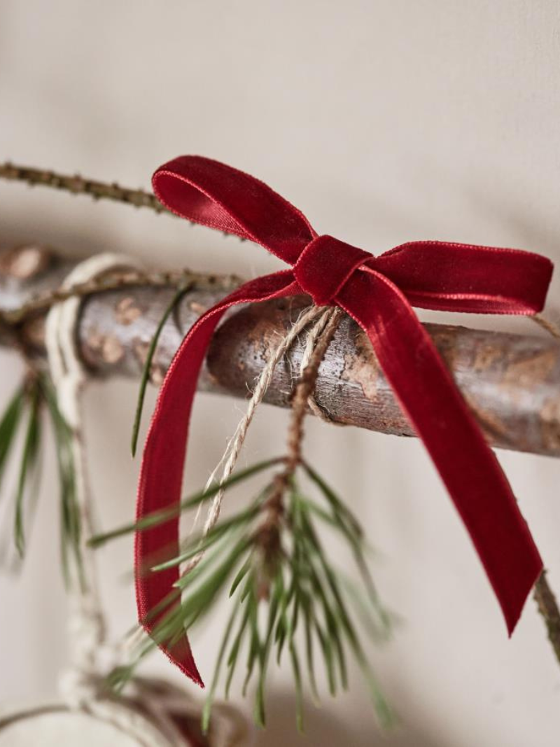 Red ribbon bow tied to a branch with green leaves on a neutral background