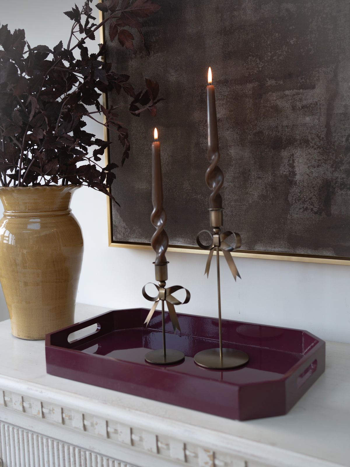 Bow Candlesticks, Dinner Candles &amp; Merlot Tray Styling Bundle