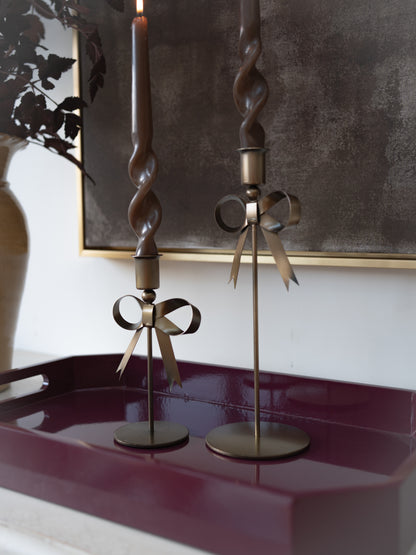 Bow Candlesticks, Dinner Candles &amp; Merlot Tray Styling Bundle