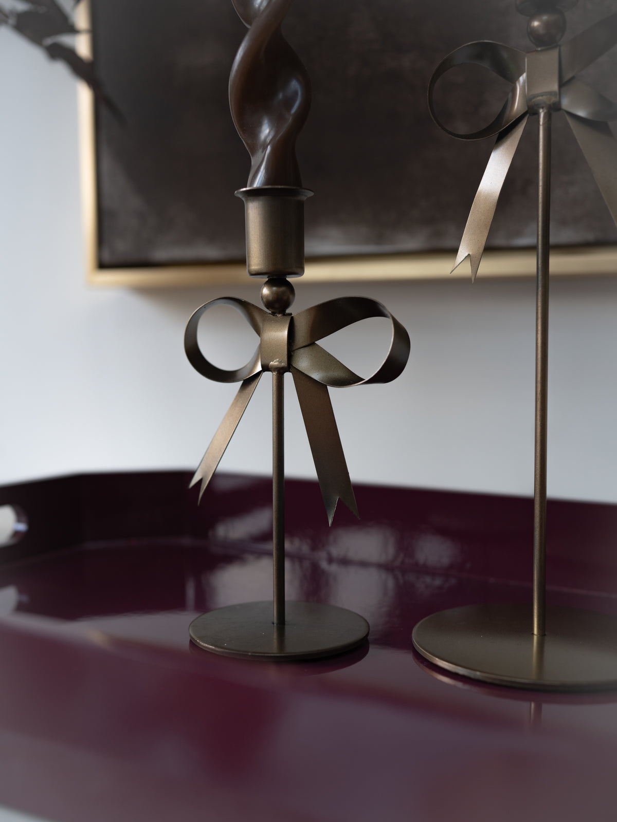 Bow Candlesticks, Dinner Candles &amp; Merlot Tray Styling Bundle