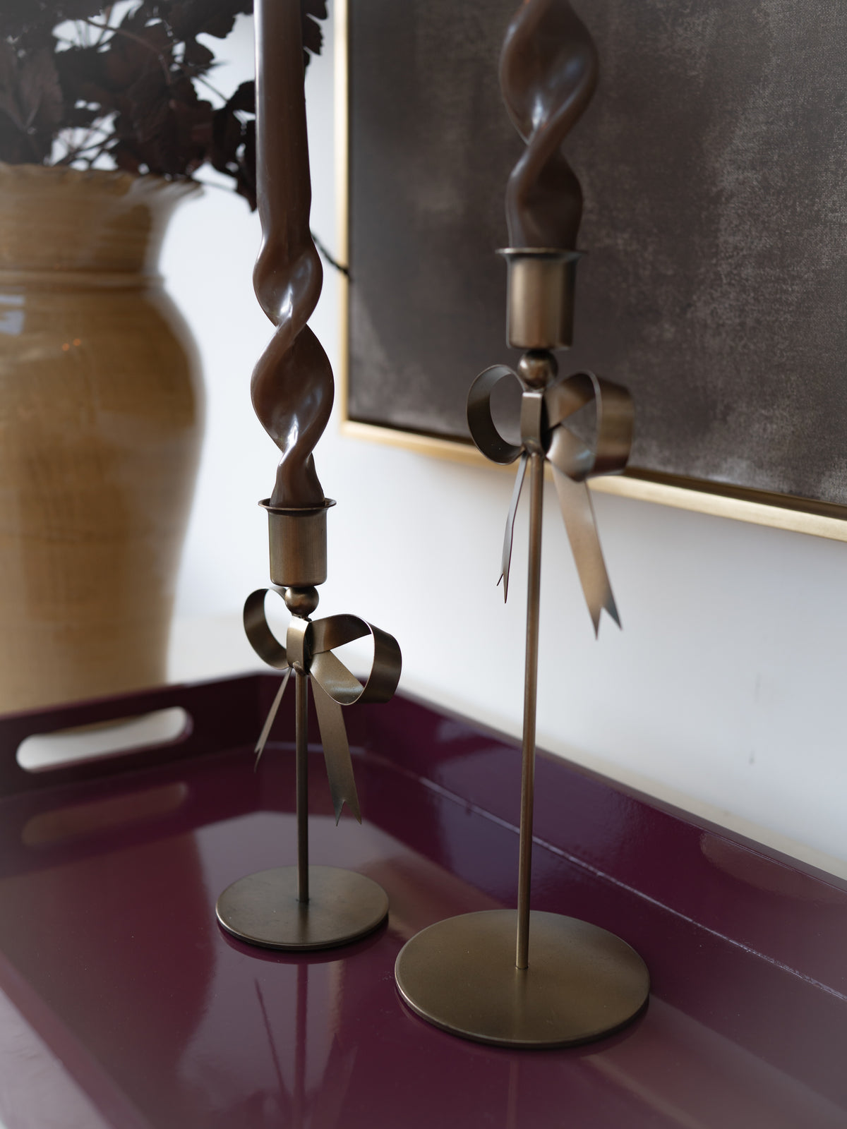 Bow Candlesticks, Dinner Candles &amp; Merlot Tray Styling Bundle