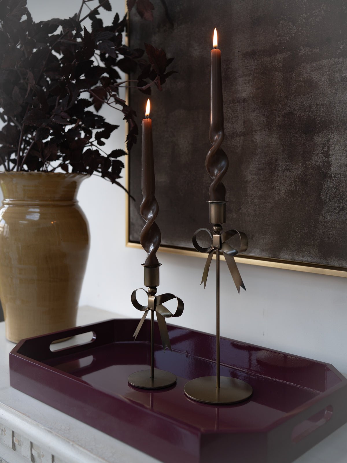 Bow Candlesticks, Dinner Candles &amp; Merlot Tray Styling Bundle
