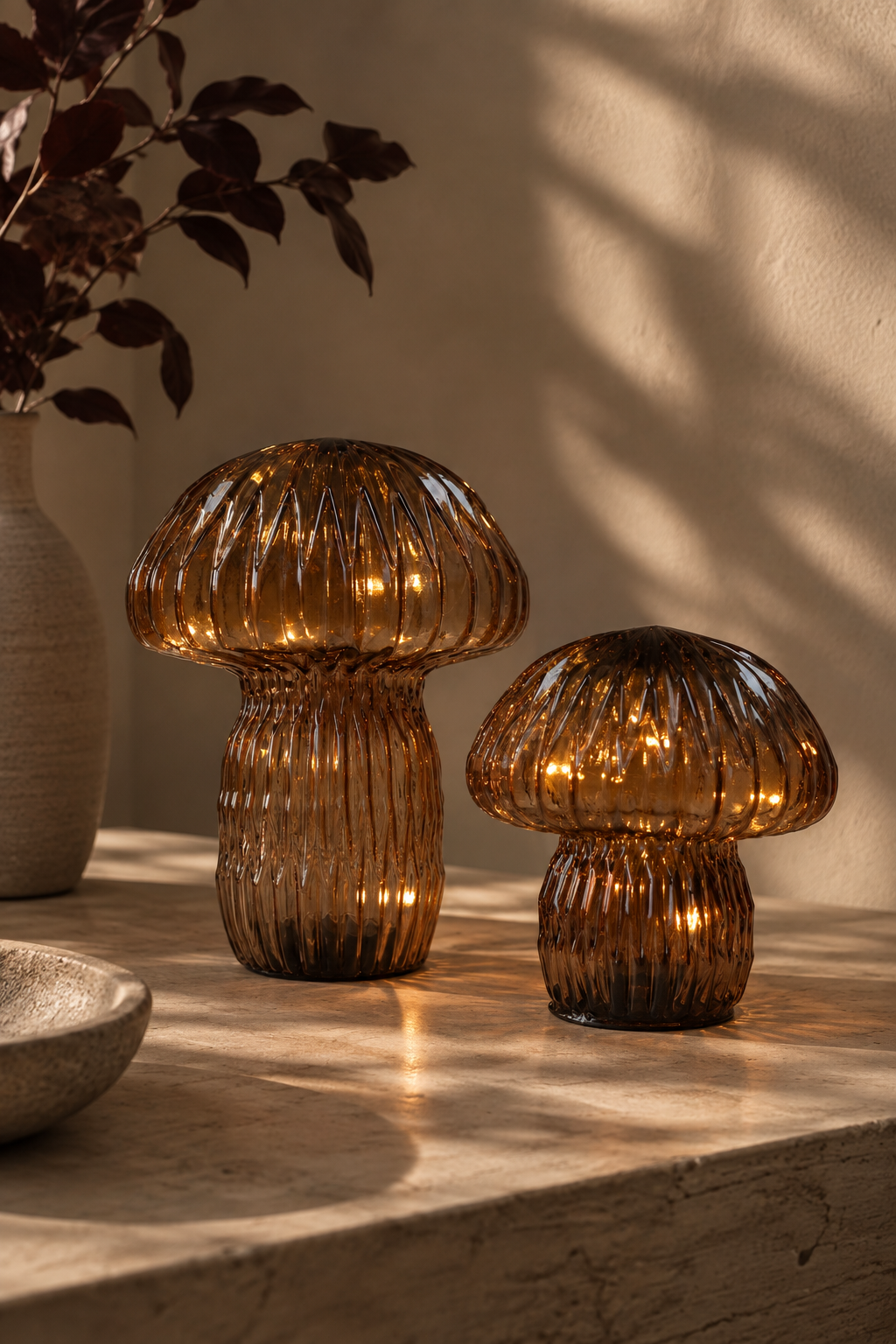 Warm brown toned tabletop led mushroom lamps
