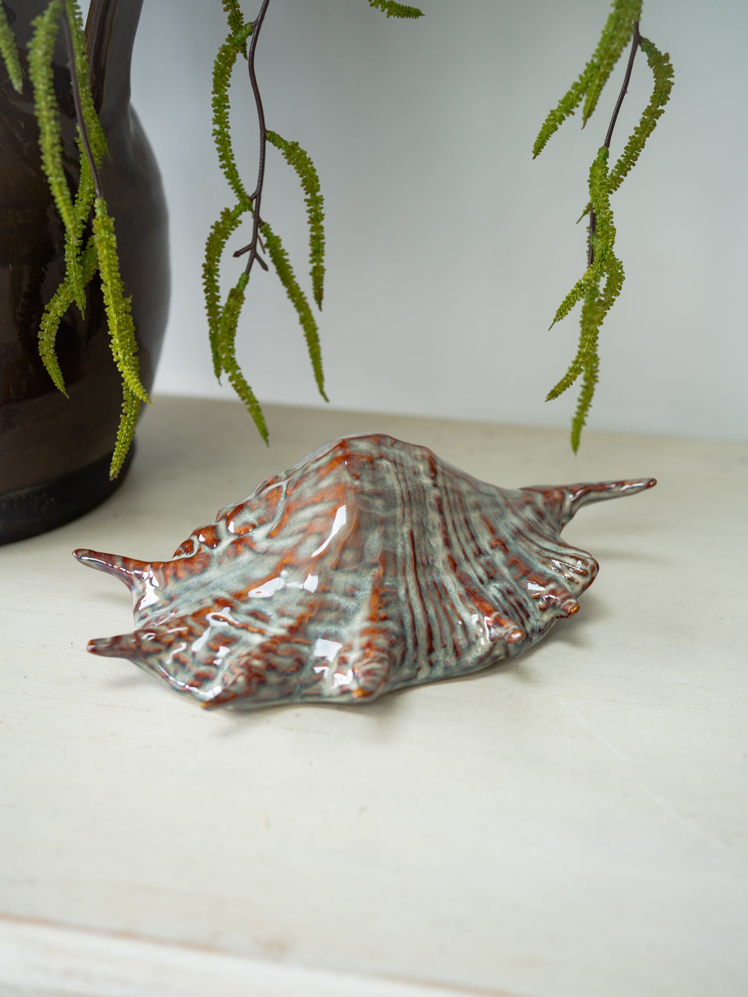 Decorative shell on a white surface with green leaves in the background