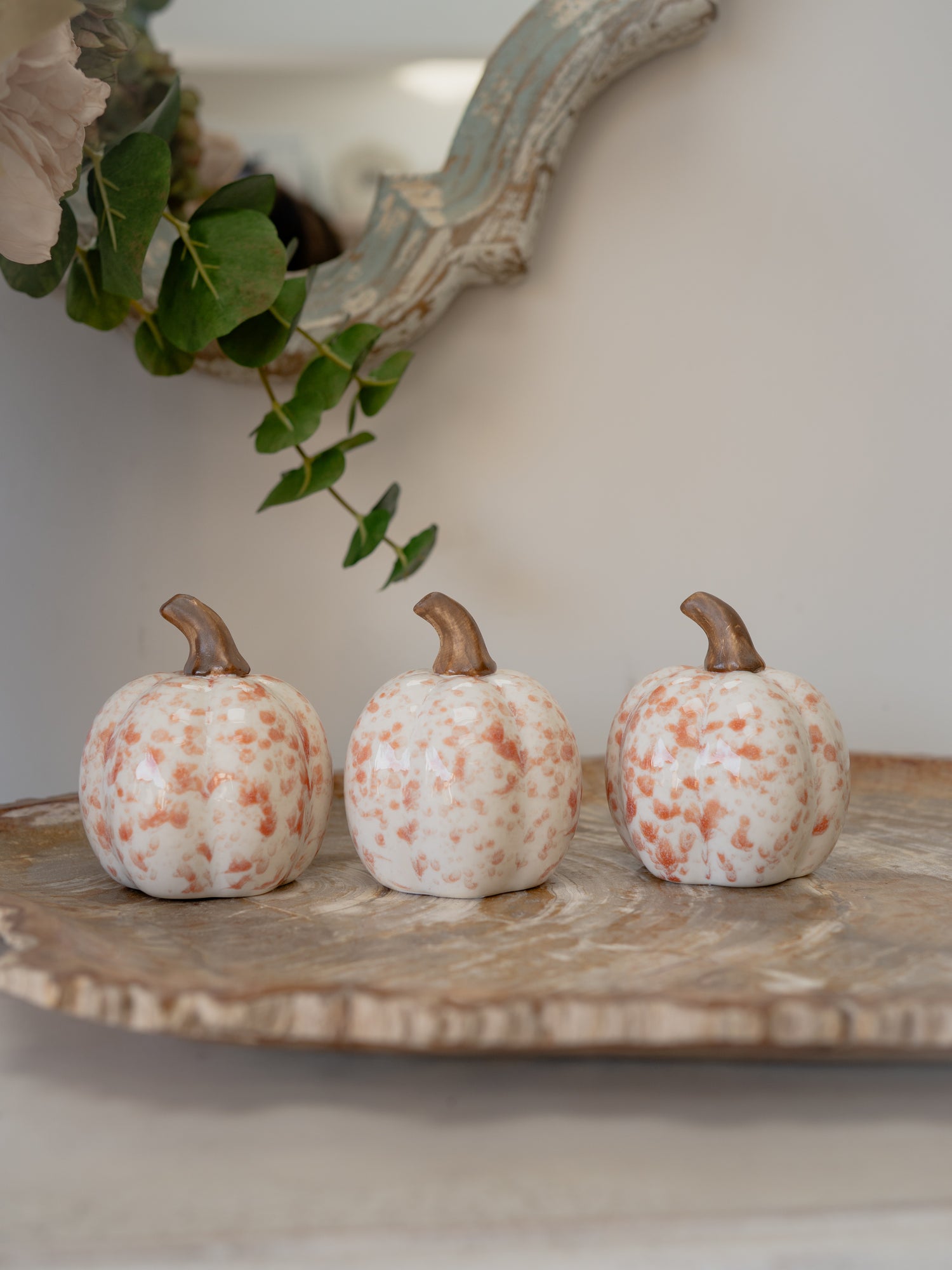 Three small decorative pumpkins with a speckled off-white glaze and brown stems, arranged on a rustic tray with a blurred indoor background and mirror.