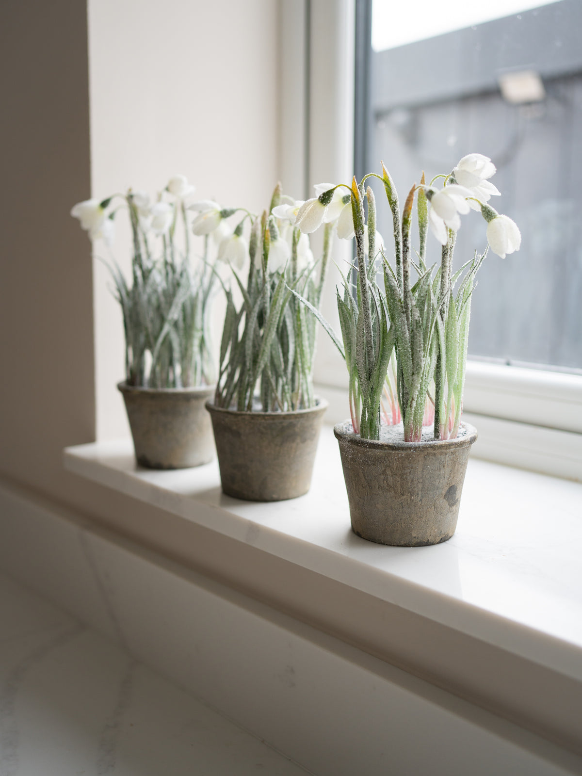 Bundle of Three Faux Snowdrop Plants in Rustic Pots