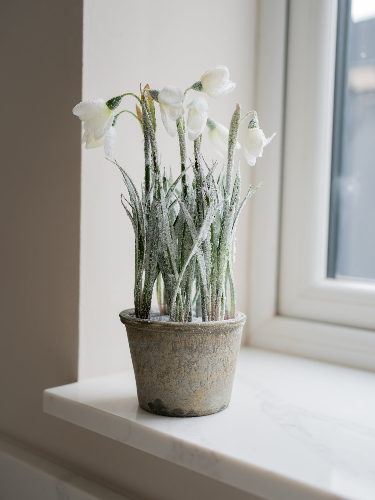 Bundle of Three Faux Snowdrop Plants in Rustic Pots