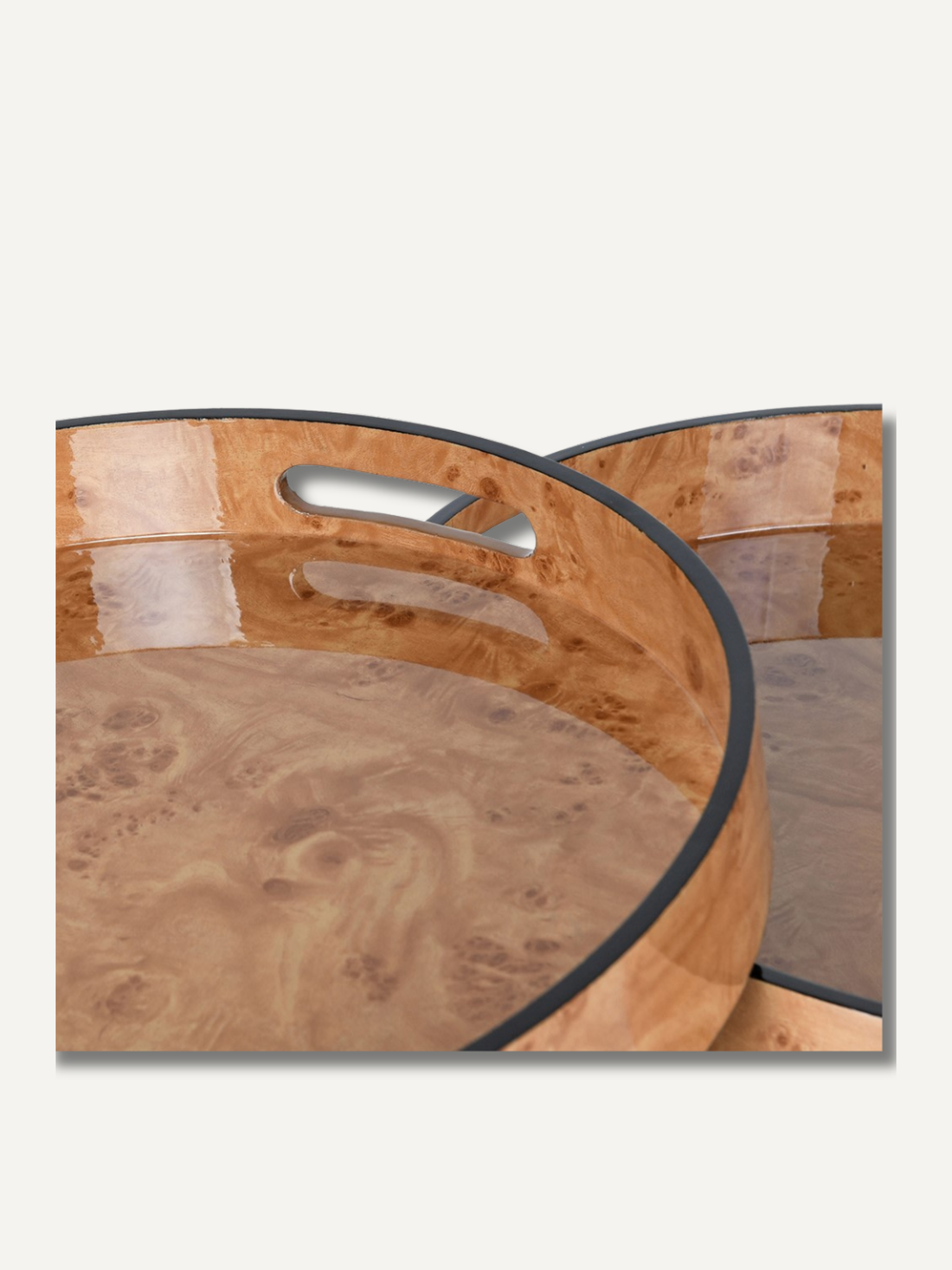 Burl effect tray with a black rim on a white background