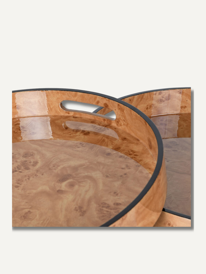 Burl effect tray with a black rim on a white background