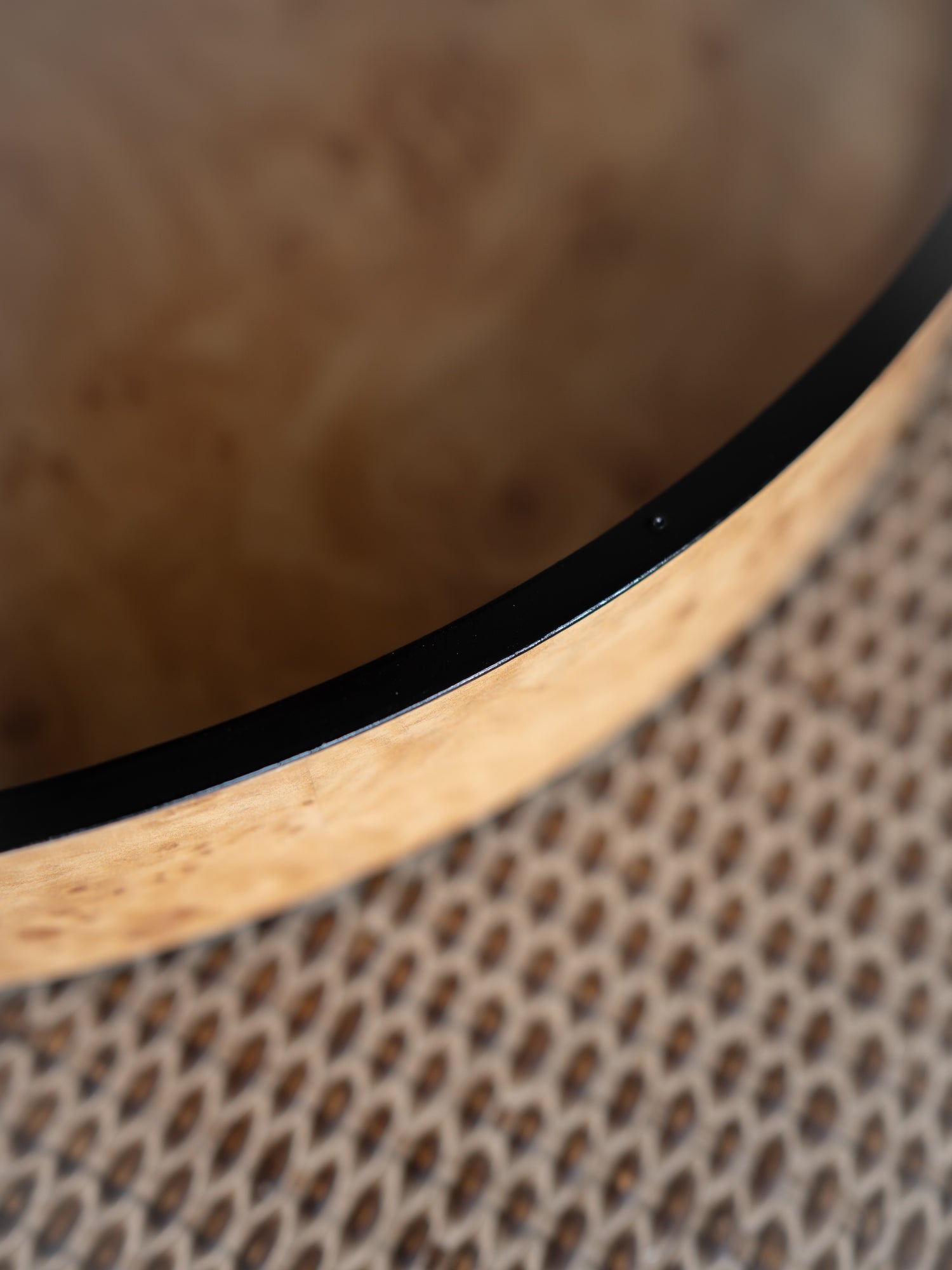 Close-up of a burl effect wooden tray product with a textured surface