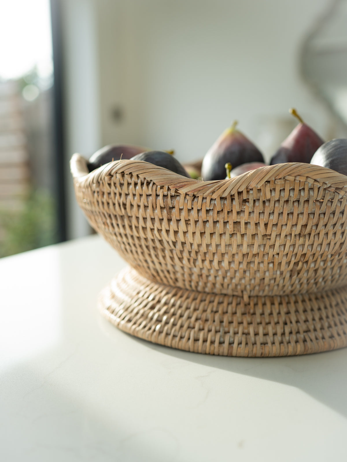 White Washed Rattan Scalloped Pedestal Bowl