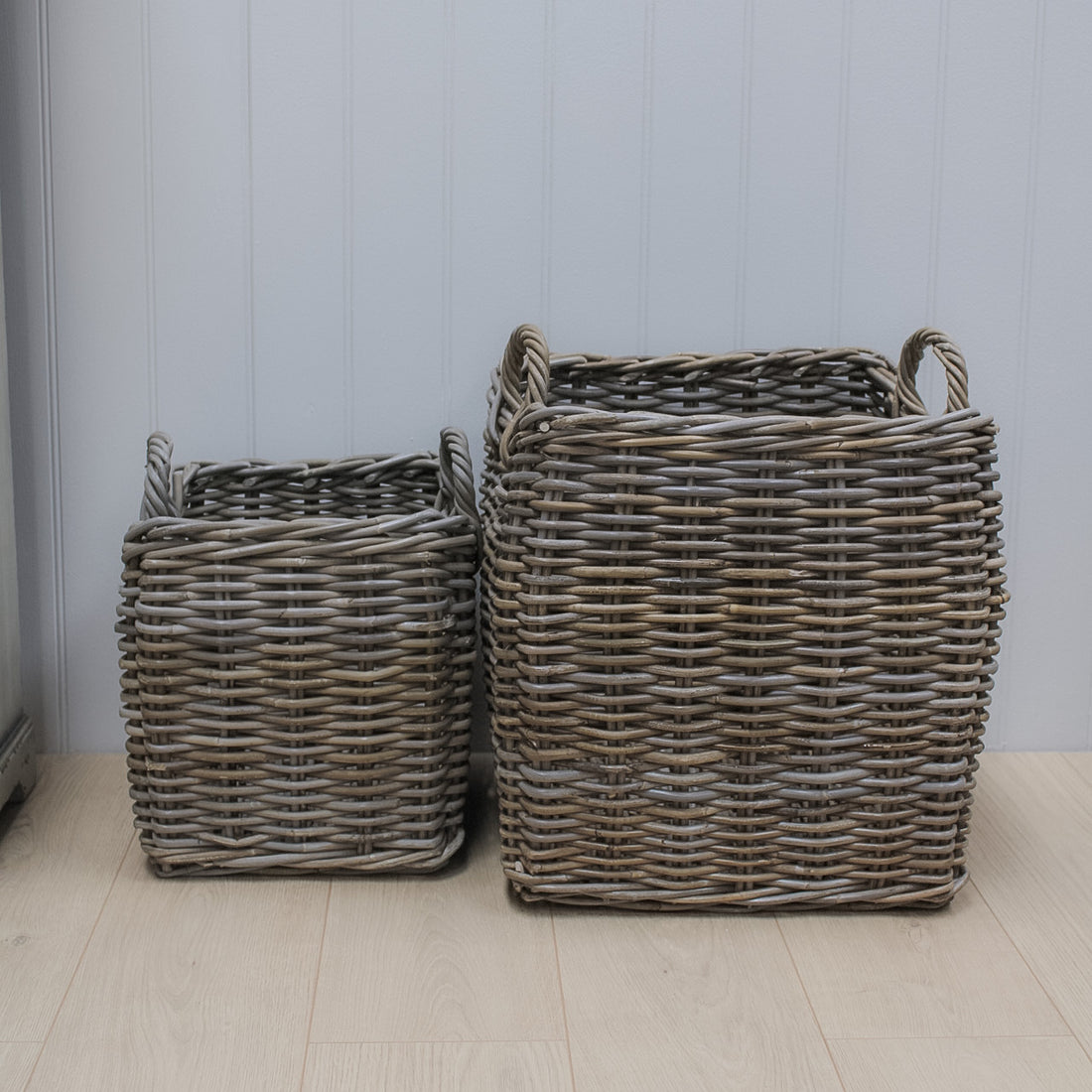 Curved Grey Washed Rattan Basket with Handles