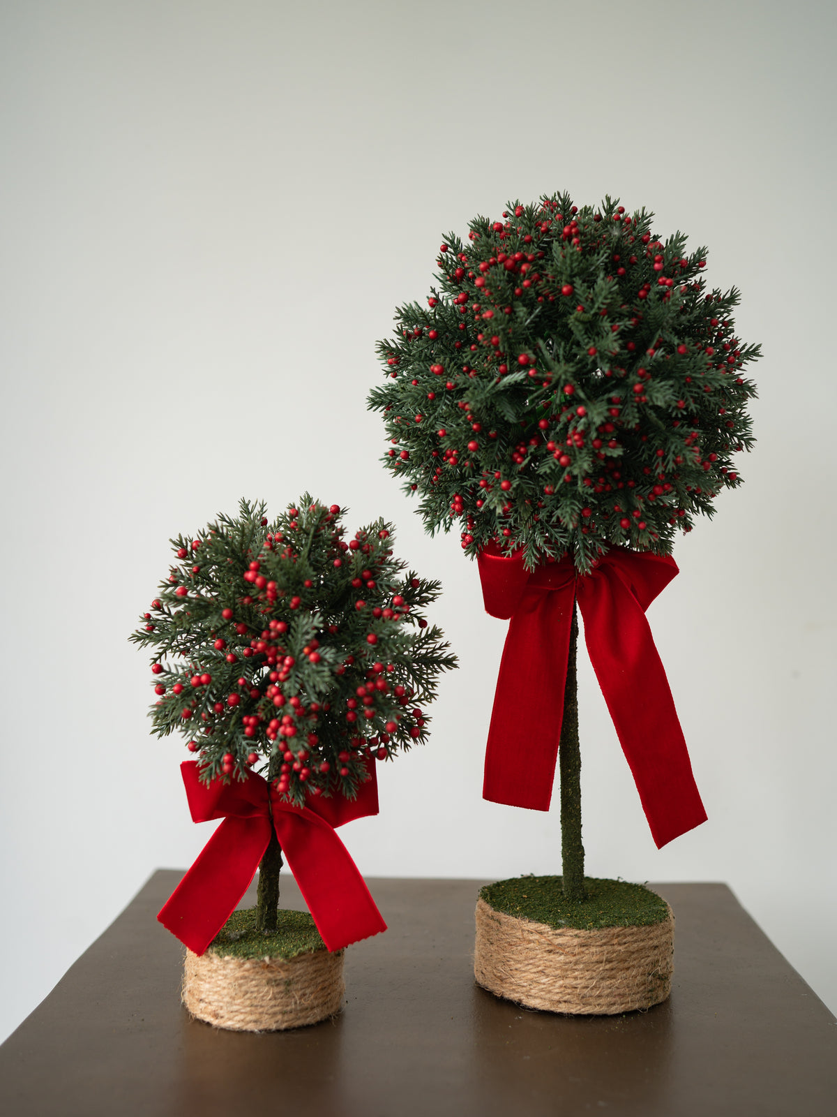 Set of Red Berry &amp; Cedar Faux Topiary Tree with Red Bows