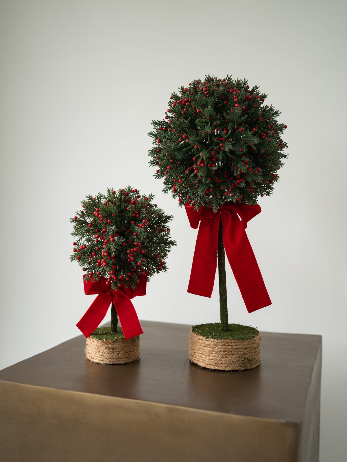 Set of Red Berry &amp; Cedar Faux Topiary Tree with Red Bows