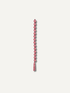 A long, narrow decorative garland or tassel strand with alternating candy cane red and white striped knotted sections, centered on a plain light gray background.