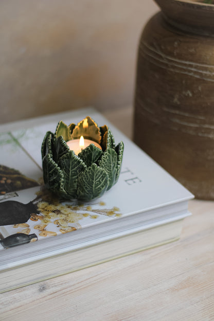 Ceramic Etched Green Leaves Candle Holder
