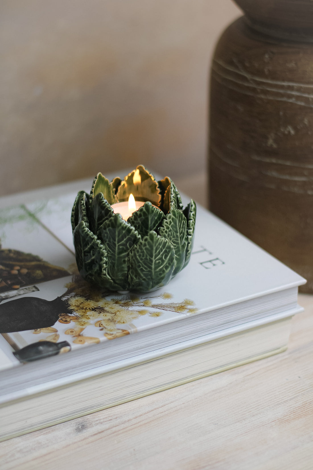 Ceramic Etched Green Leaves Candle Holder