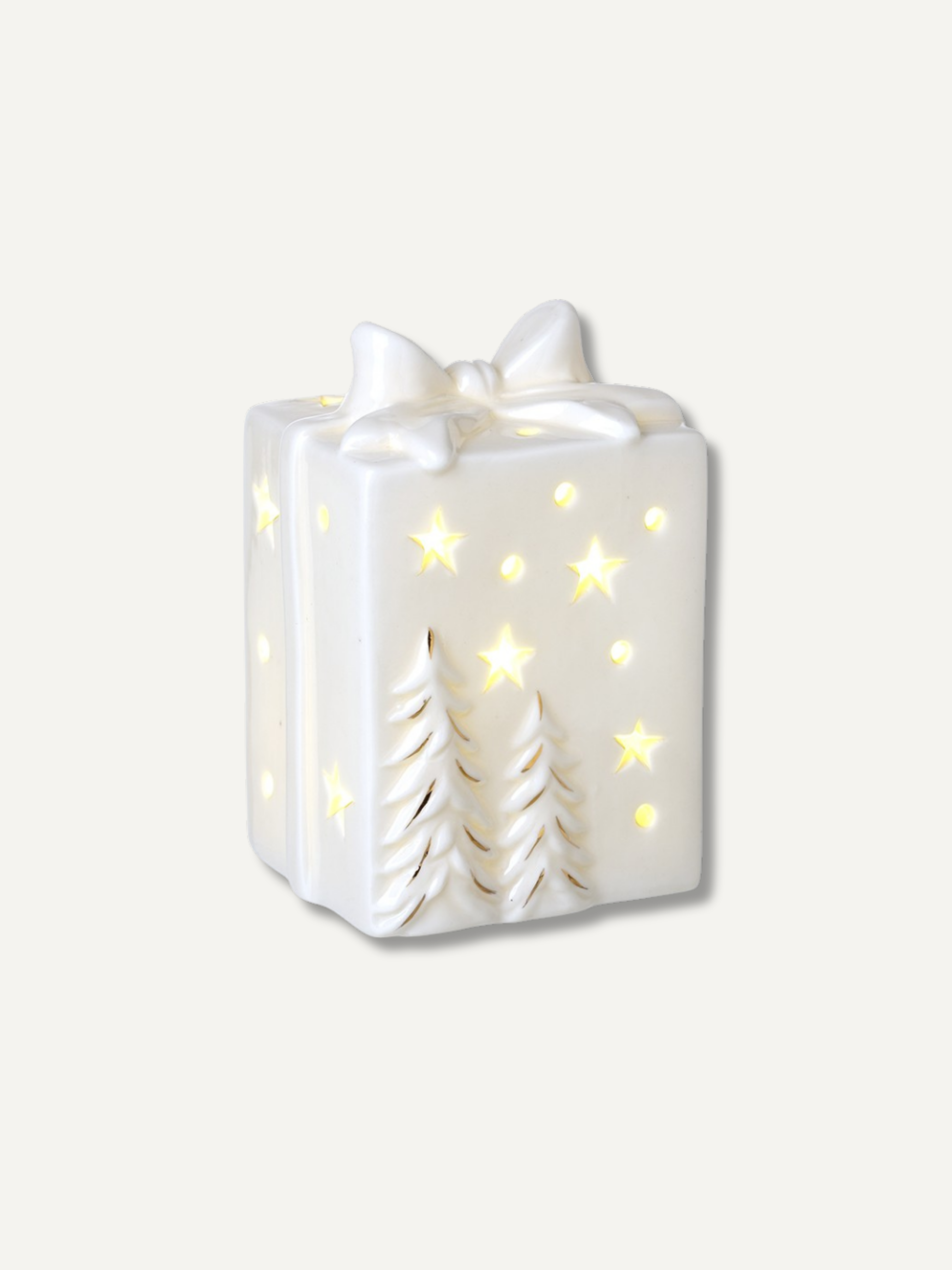 Ceramic LED Present with Bow and Trees