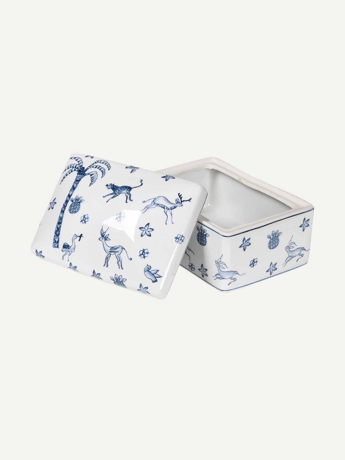 White ceramic trinket box with blue animal patterns on a white background