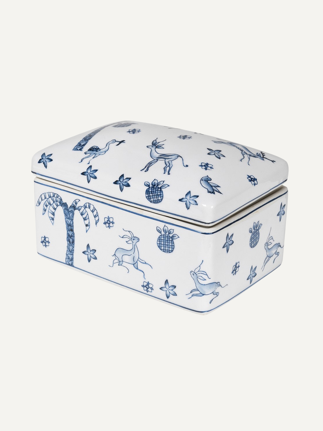 Rectangular ceramic trinket box with blue animal and plant patterns on a white background