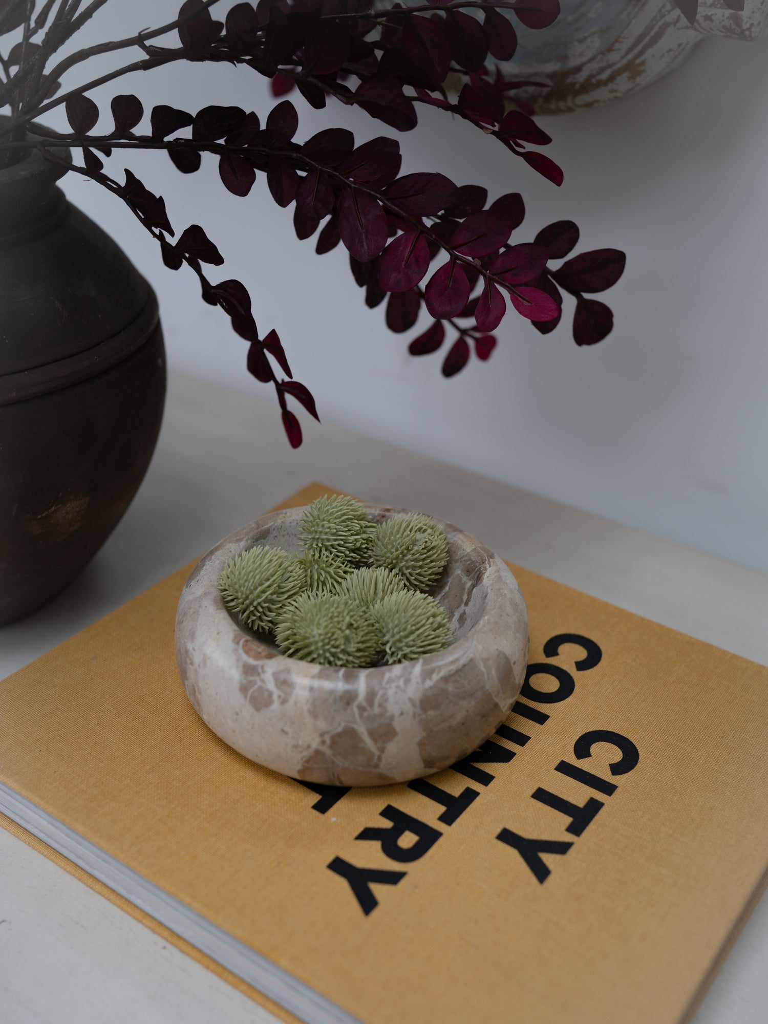 Chocolate Marble Trinket Bowl with faux green echinops