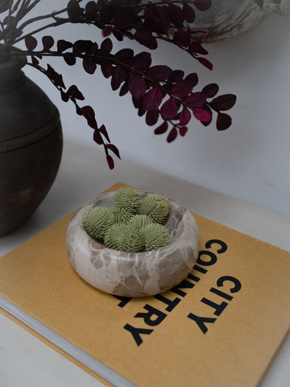 Chocolate Marble Trinket Bowl with faux green echinops