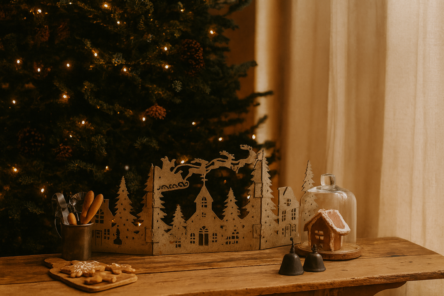 Decorative Christmas scene with a tree, gingerbread house, and lantern on a wooden table.
