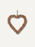 A heart-shaped hanging ornament made of small metallic copper or bronze beads with a natural twine loop at the top, shown against a plain off-white background.