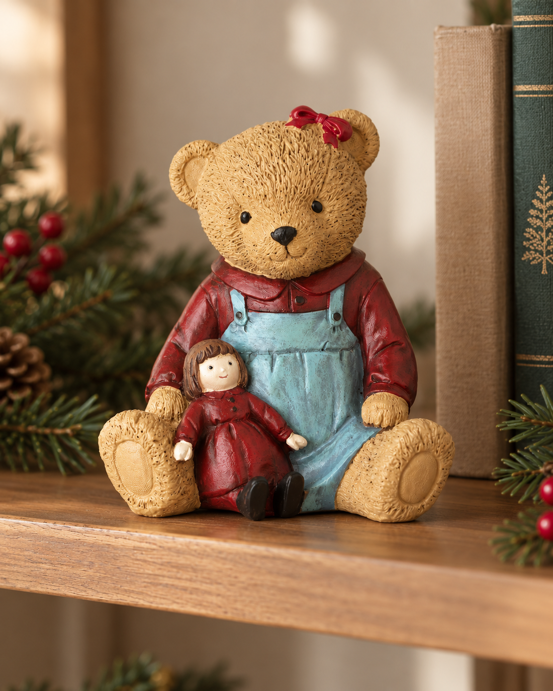 Christmas Bear Ornament in Dress with Dolly