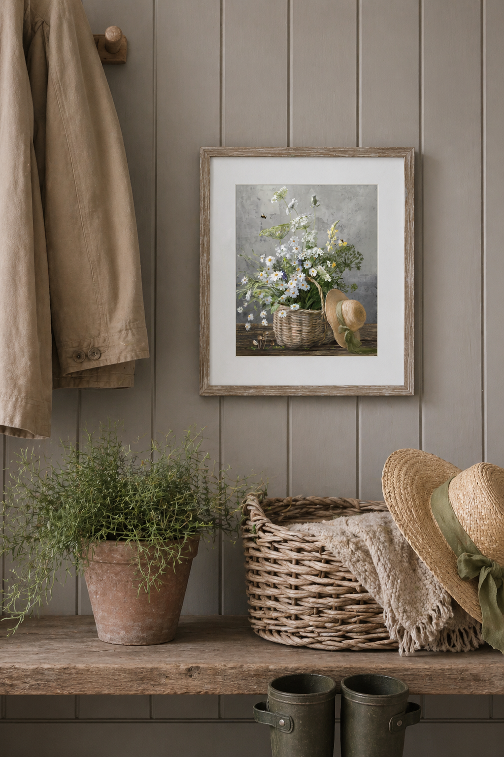 basket with wild flowers wall art in light wood frame on tongue and groove panelled wall in bootroom