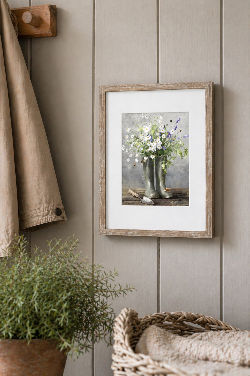 Cottage Gardening IV Framed Wall Art, wellington boots with flowers wall art on a tongue and groove panelled wall
