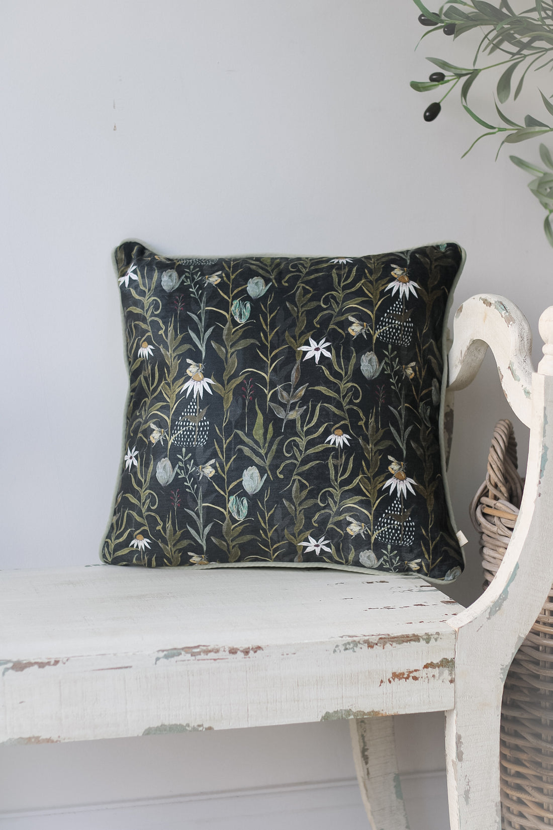 Country Garden Deep Green Printed Chenille Cushion for cosy home decor