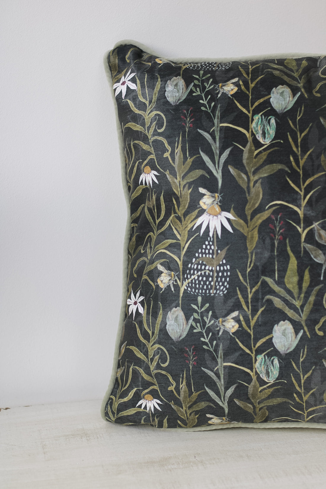 Country Garden Deep Green Printed Chenille Cushion for cosy home decor