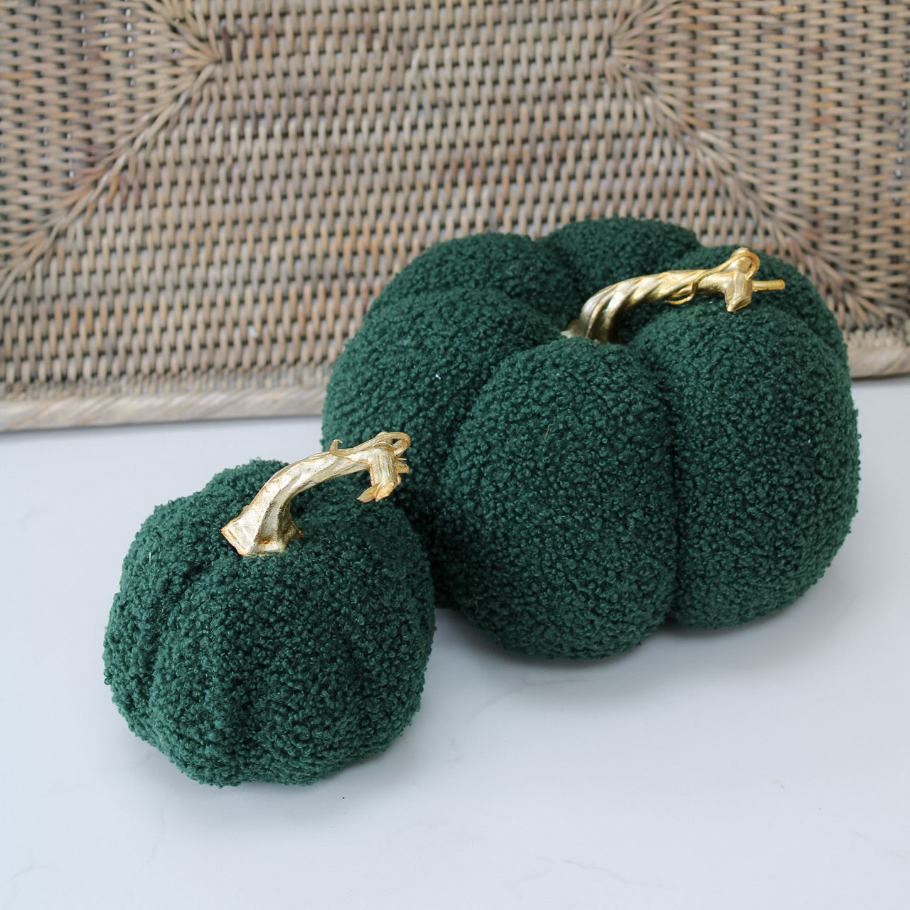 Moss Boucle Pumpkins with Gold Stalk | Set of 2