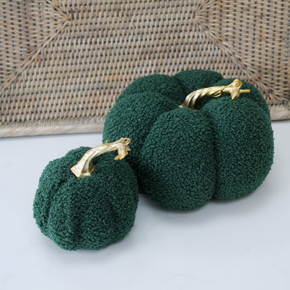 Moss Boucle Pumpkins with Gold Stalk | Set of 2