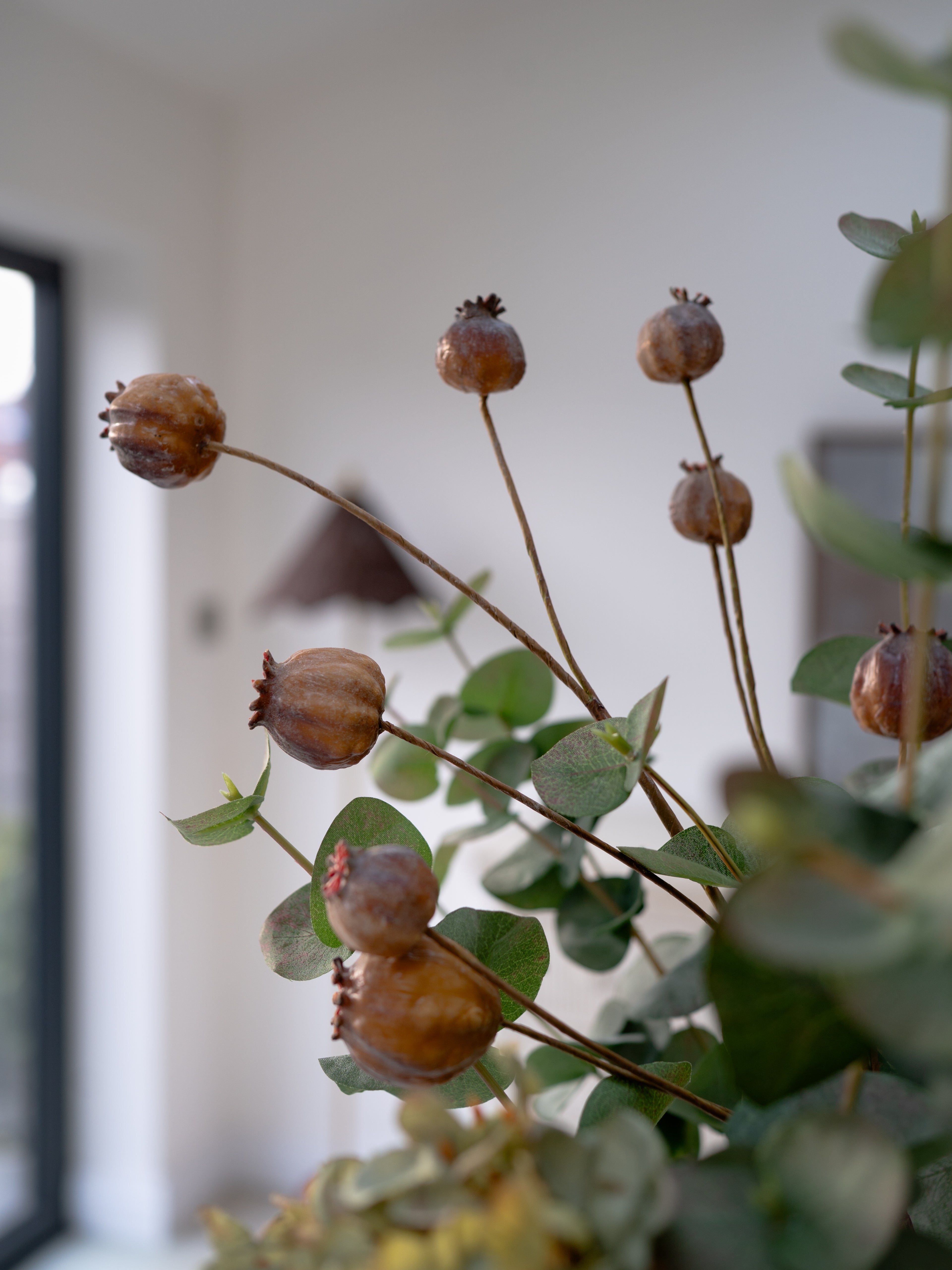 Faux Earth Green Hydrangea, Brown Poppy Head and Eucalyptus Floral Arrangement