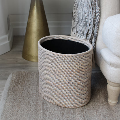 White Washed Natural Rattan Waste Basket