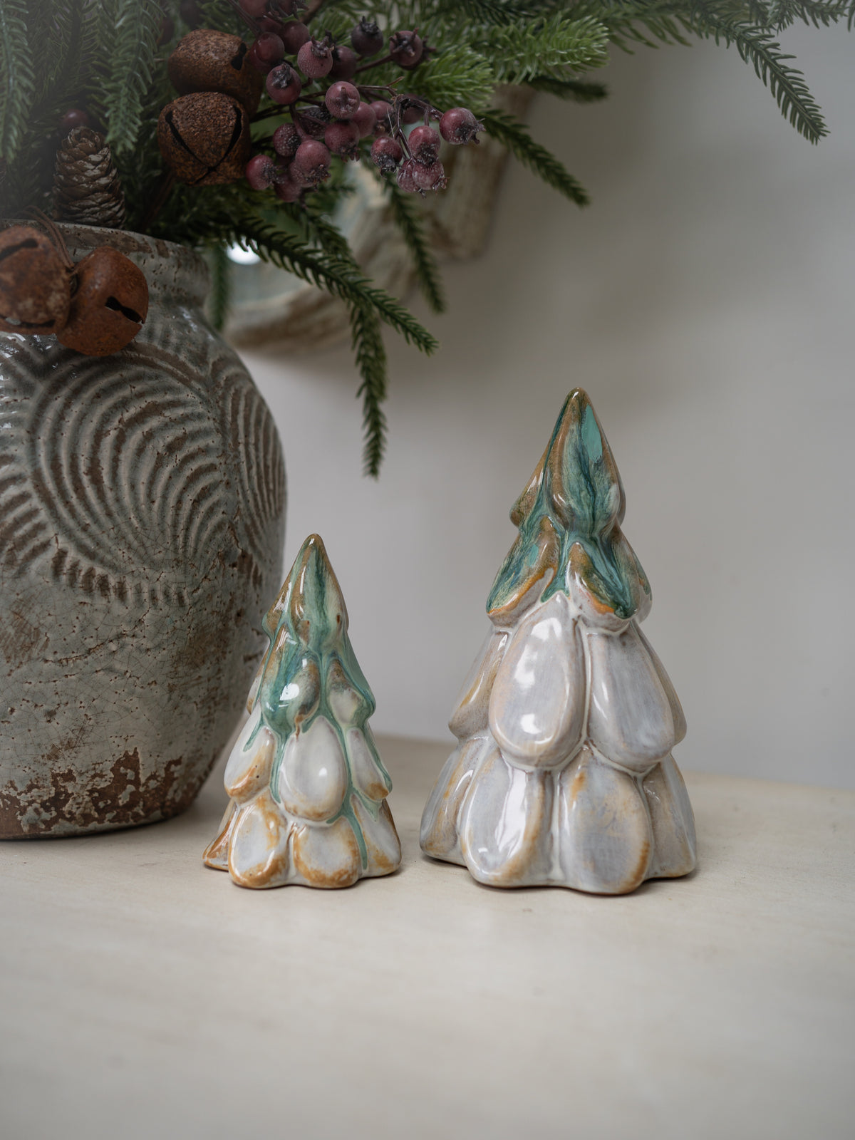 Set of Green &amp; White Ceramic Christmas Trees