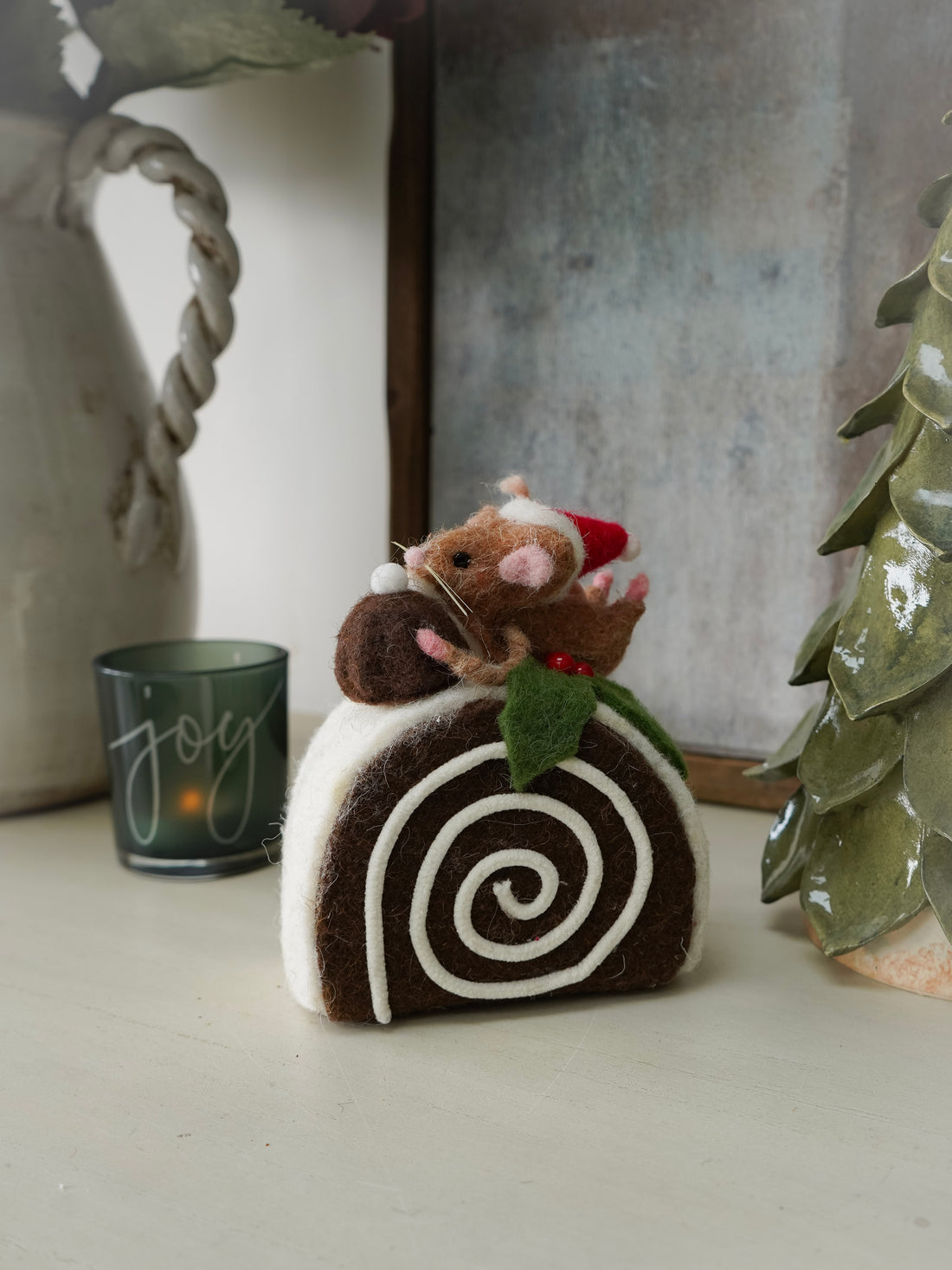 Bert the Felt Mouse on the Yule Log