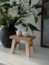 Decorative scene with a vase of flowers, a wooden stool, and two white birds on a neutral background.