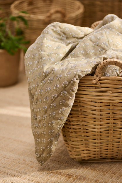Delicate Floral Olive Green Quilted Cotton Blanket