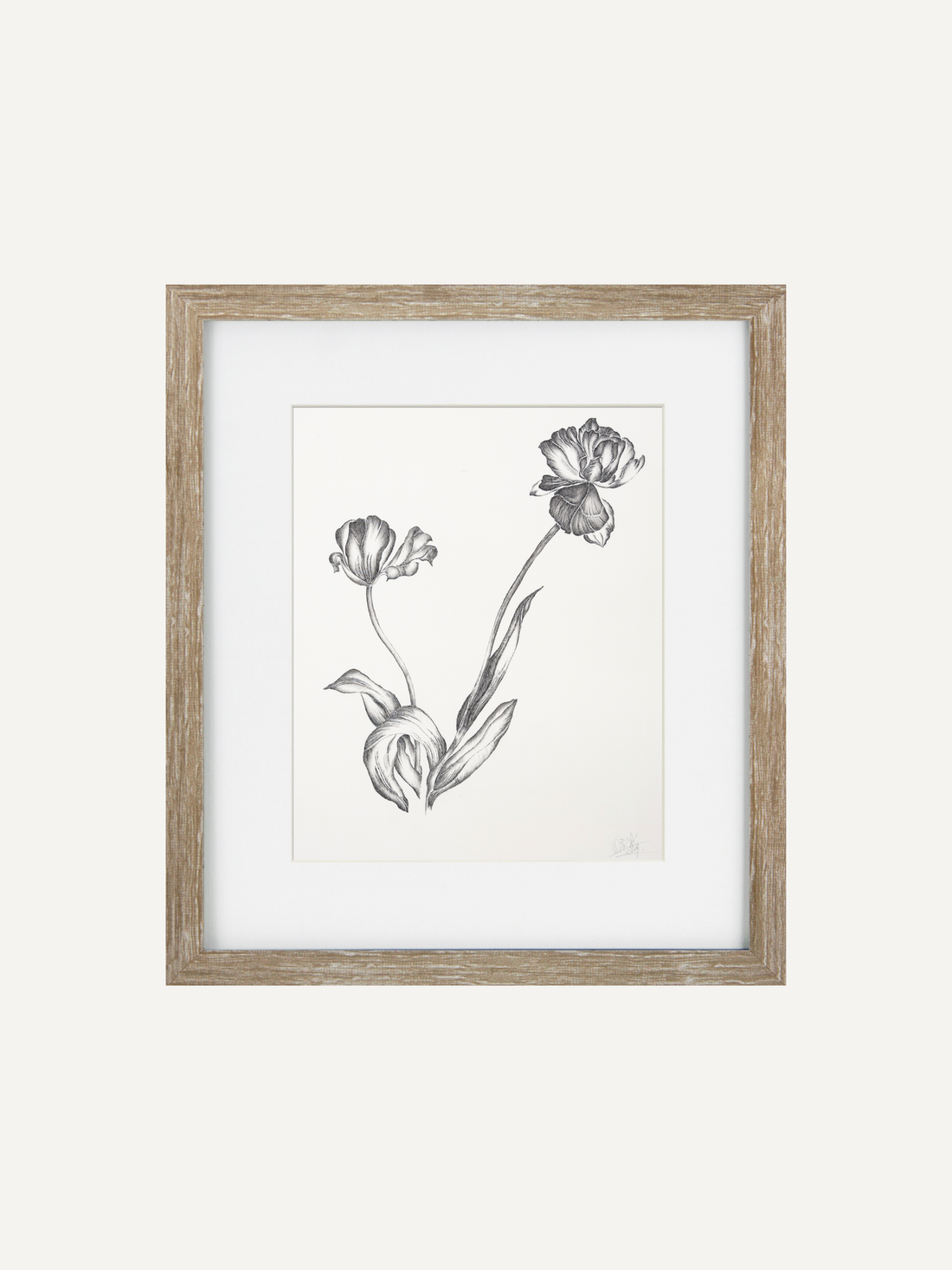 Framed botanical art print featuring a black and white sketch of three flowers, set in a light natural wood frame with a white mat, against a solid off-white background.