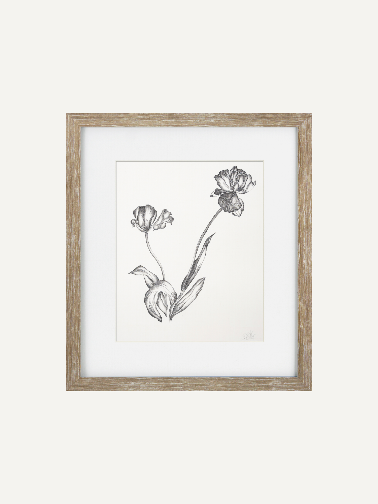 Framed botanical art print featuring a black and white sketch of three flowers, set in a light natural wood frame with a white mat, against a solid off-white background.