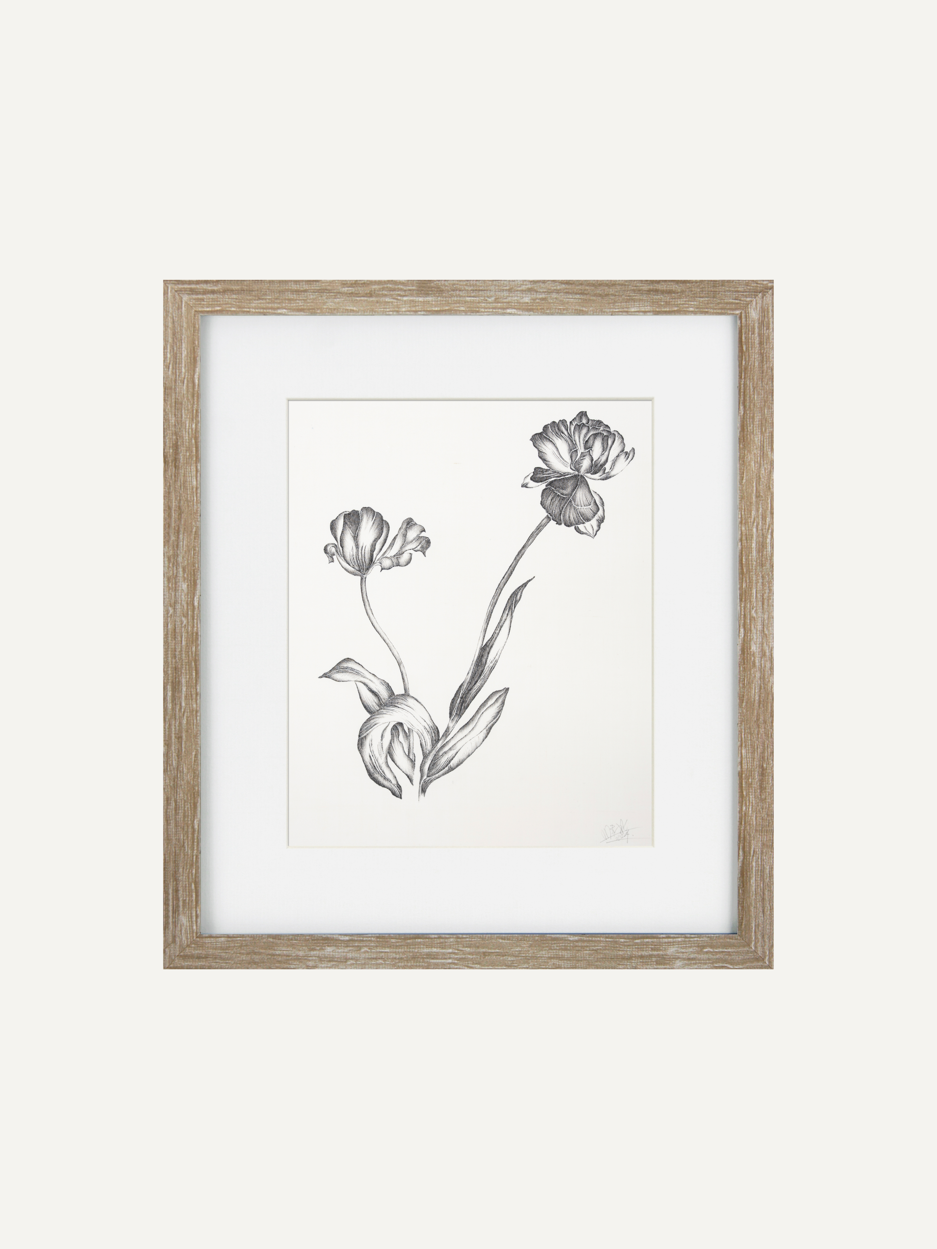 Framed botanical art print featuring a black and white sketch of three flowers, set in a light natural wood frame with a white mat, against a solid off-white background.